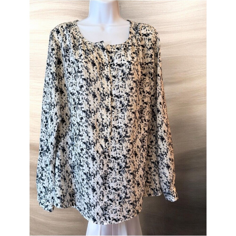 CAbi Abstract Shatter Print Split Neck Blouse Long Sleeve M 3004